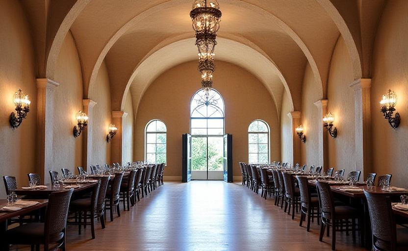 Sala eventi interna con soffitti a volta e illuminazione soffusa